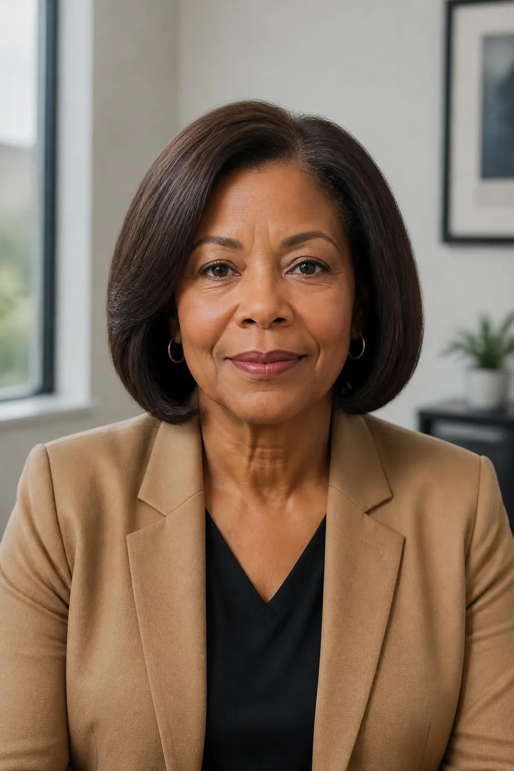 Chin-length bob with internal layers for less bulk on thick hair, woman over 60