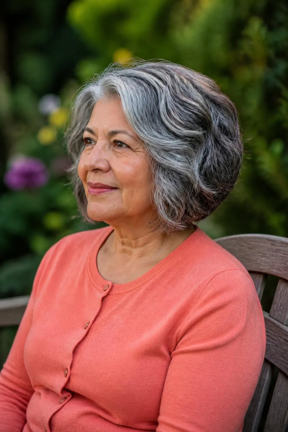 Wavy bob with point-cut ends on thick salt and pepper hair, woman in her sixties