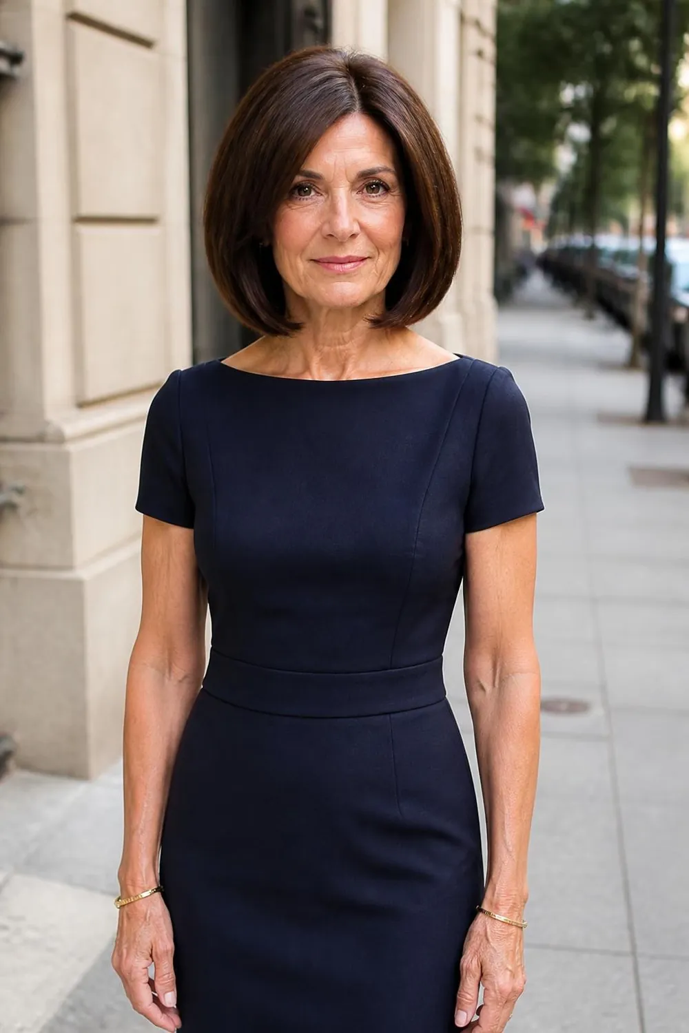 Rounded bob with beveled ends curving under on thick brown hair, woman over 60
