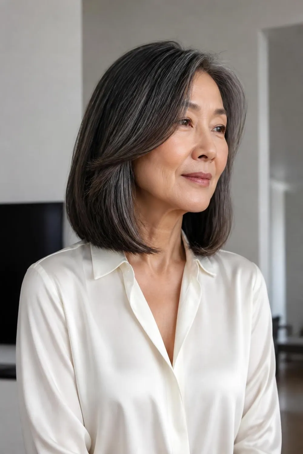 Sleek lob with slide-cut layers on thick straight dark hair, East Asian woman over 60