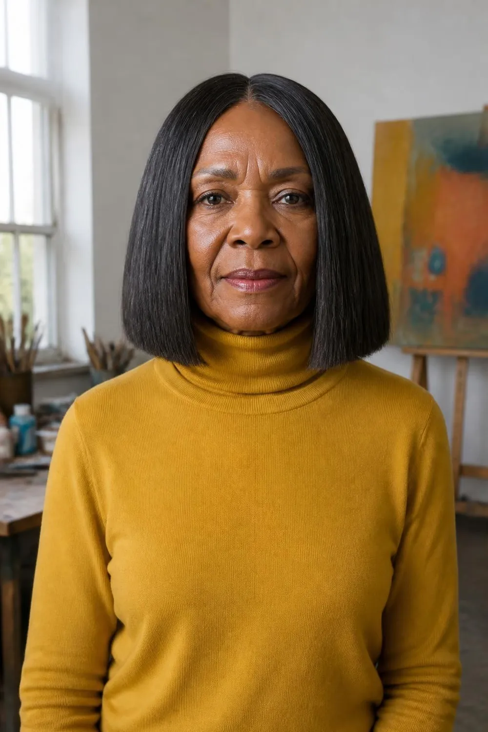 Blunt lob with channel-cut texture on thick hair, woman in her 60s
