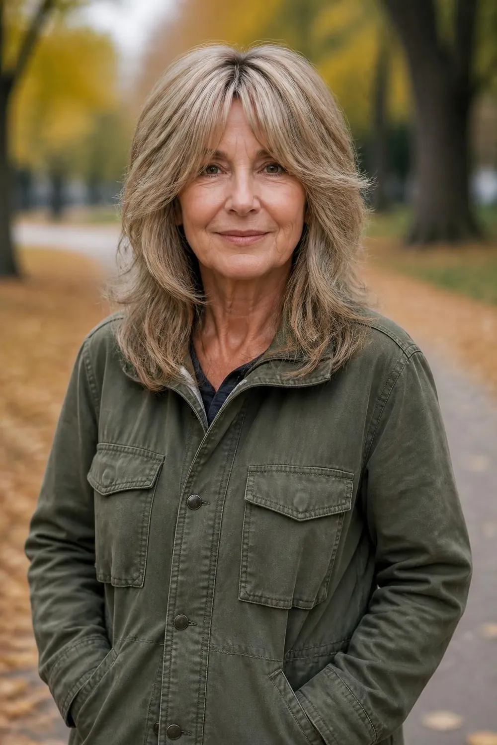 Shoulder-length shag for dense hair with a layered crown and split fringe, woman over 60