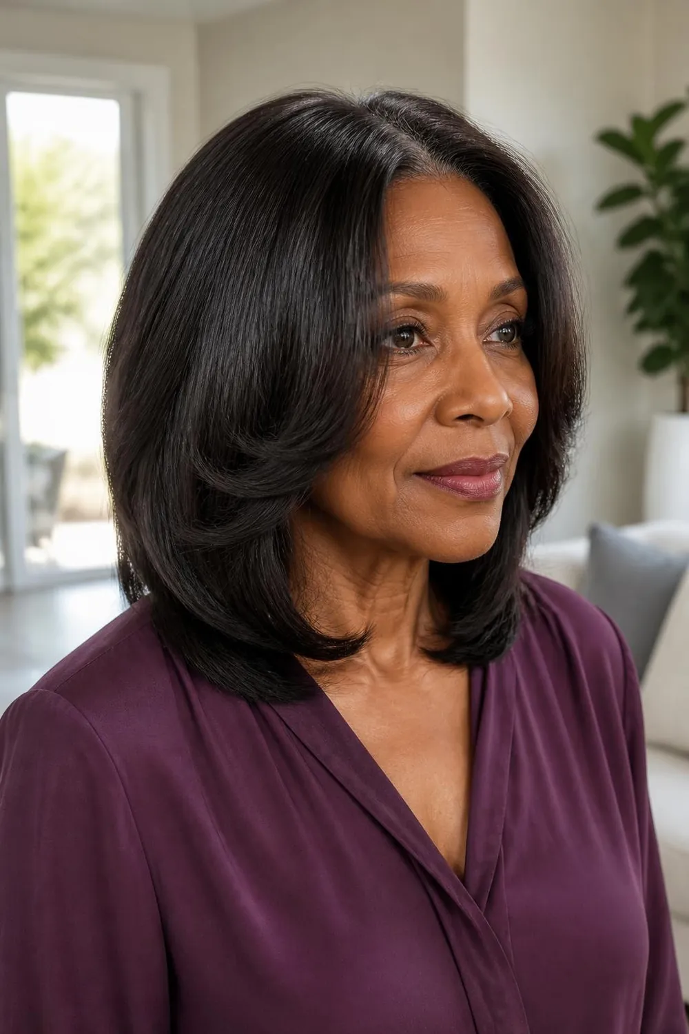 Medium length cut with long face-framing layers on thick hair, Black woman over 60