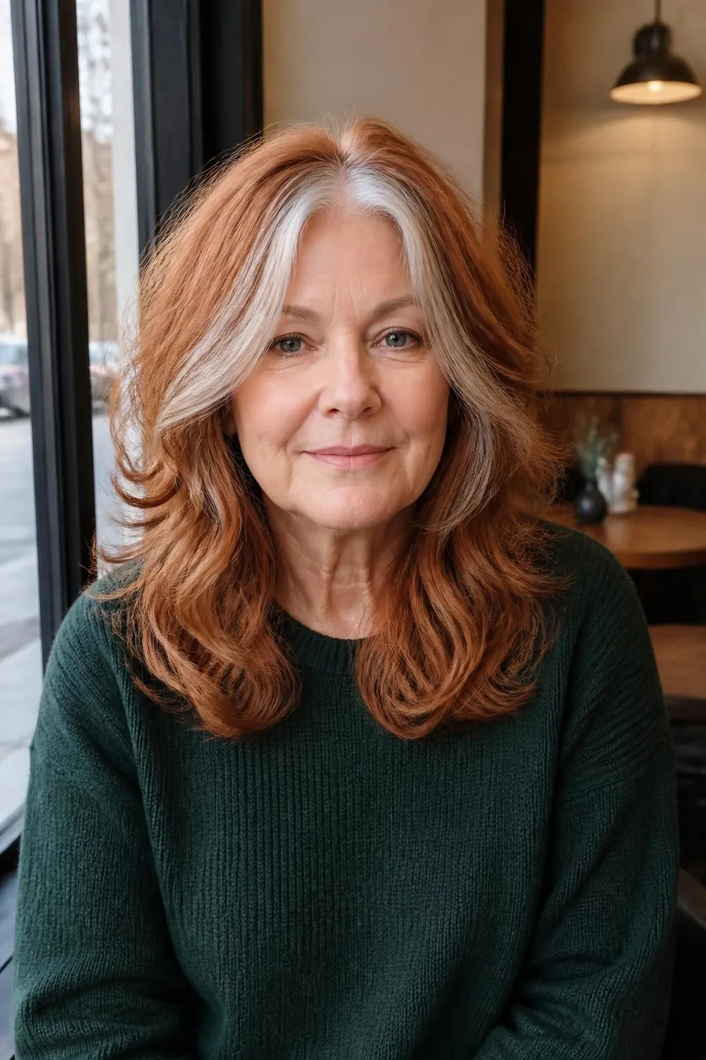 Medium layered cut with a split fringe on thick wavy hair, woman in her 60s