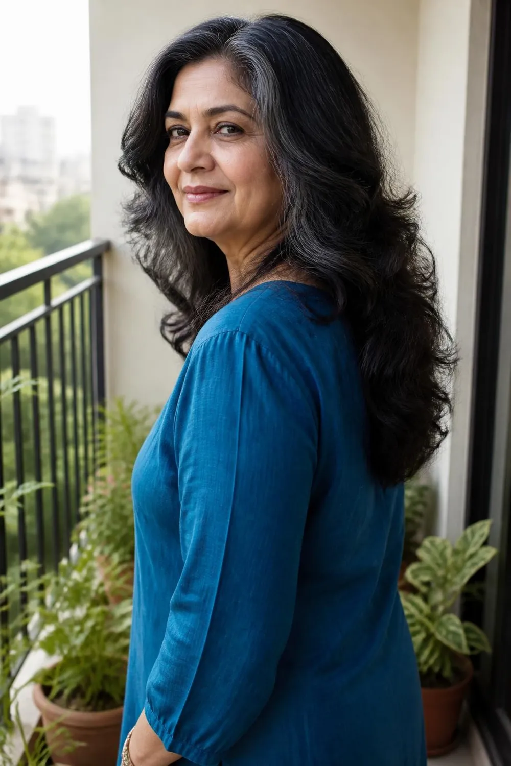 Thick wavy medium cut shaped with a diffuser, defined waves, South Asian woman over 60