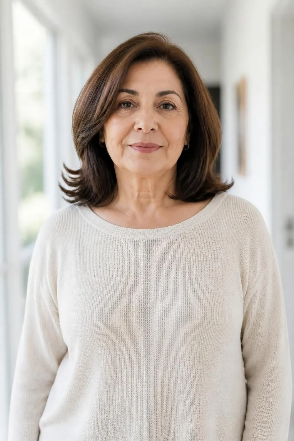 Collarbone-length cut with swingy layered ends on thick hair, Middle Eastern woman over 60
