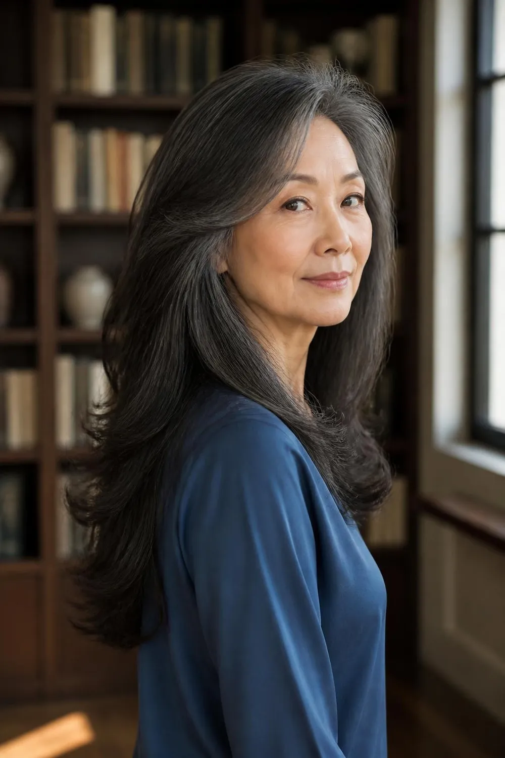Long layered hair with weight removed through the lengths on a woman over 60