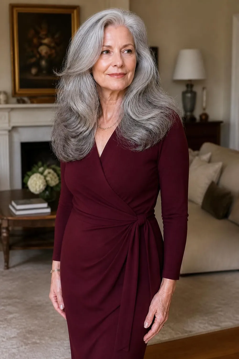 Long brushed-out waves on thick silver and gray hair, white woman in her late 60s