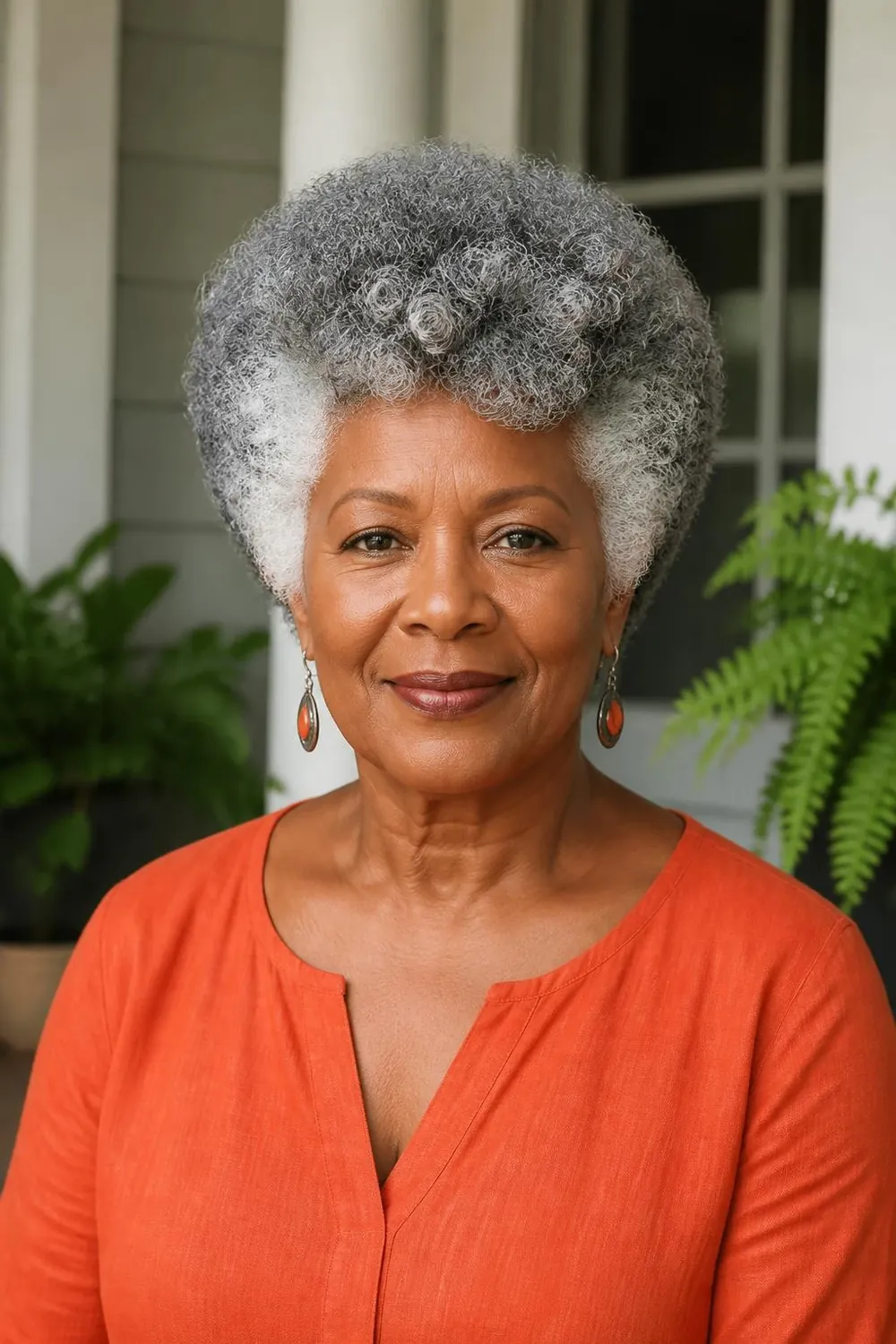 Thick curly cut with carved curls and a rounded shape on a Black woman over 60