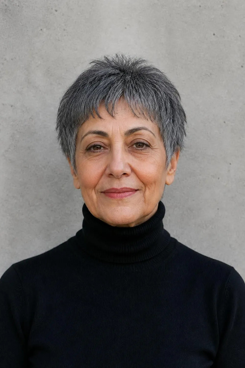 Choppy textured crop with short piecey bangs on a woman in her sixties