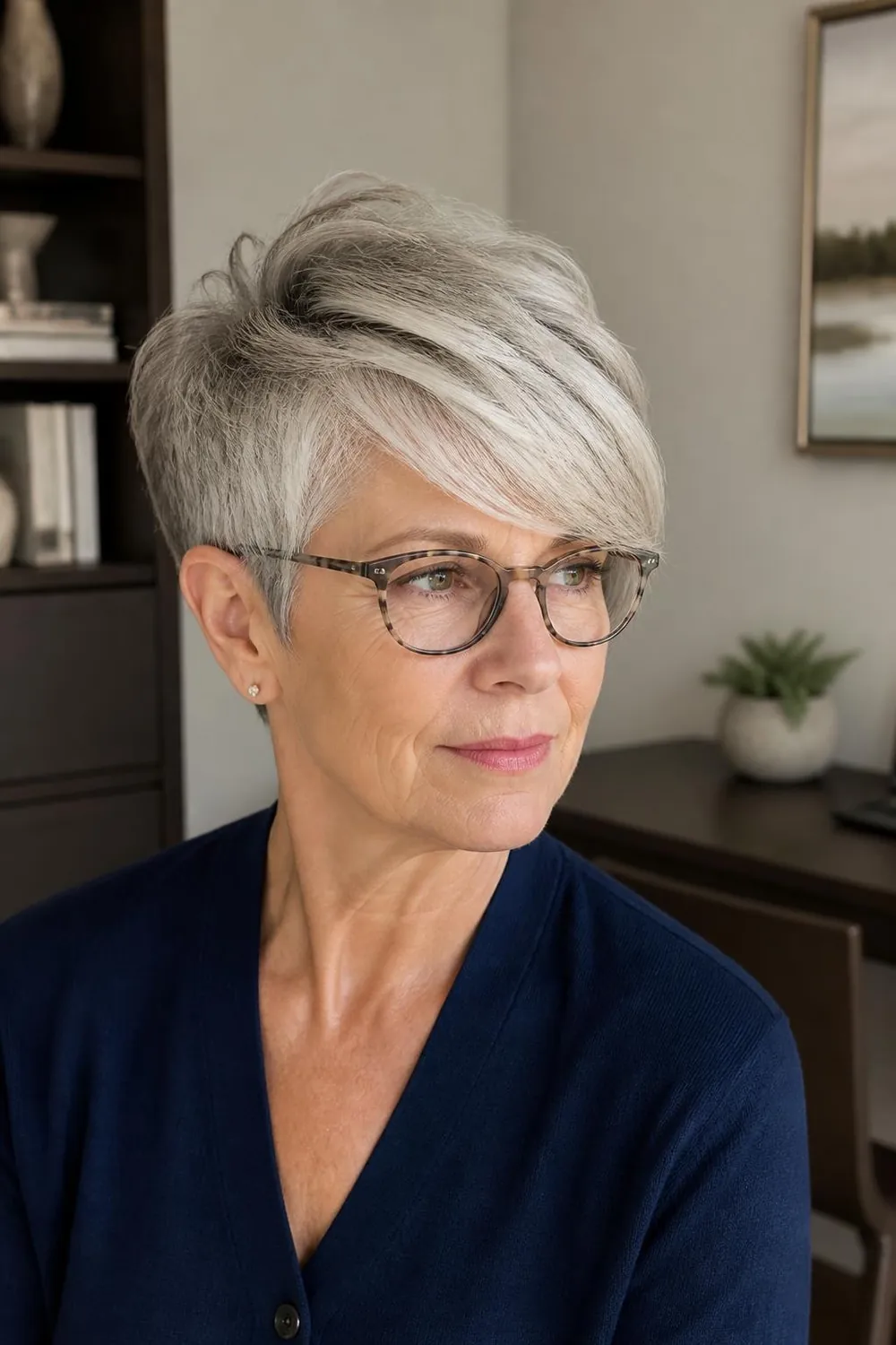 Side-swept pixie with a long fringe angled across the brow for women over 60