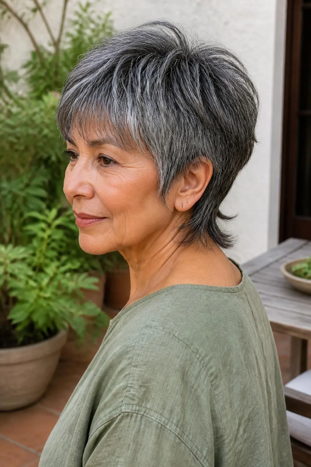 Bixie haircut with brow-grazing bangs on a woman in her 60s with salt and pepper hair