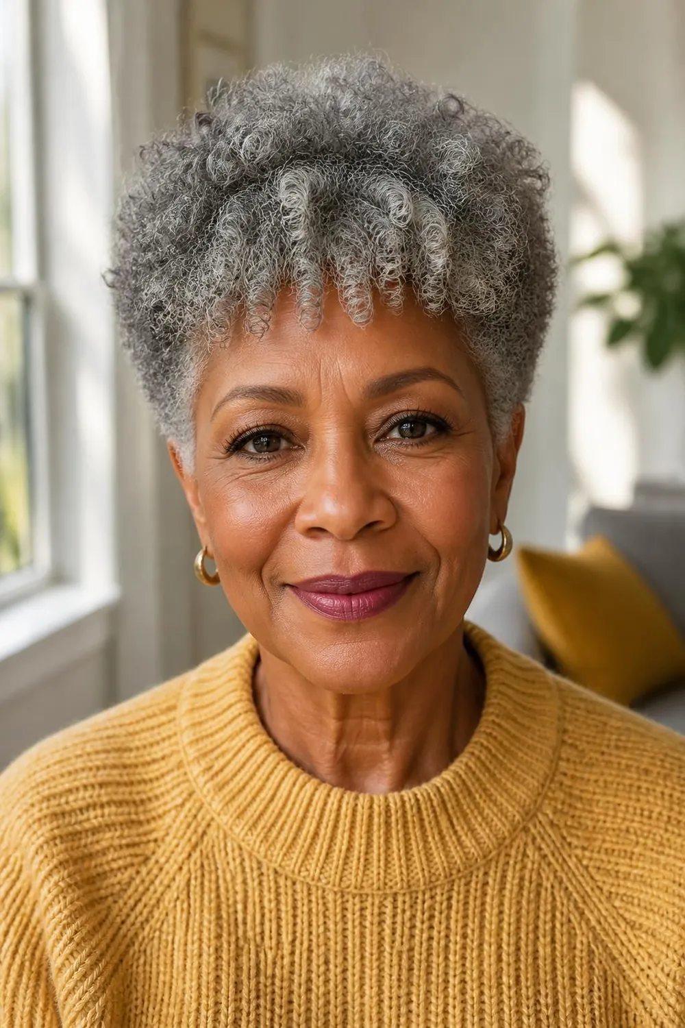 Curly pixie with a short coiled fringe on a Black woman over 60 with gray curls