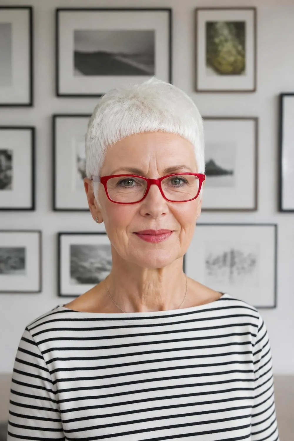 Short tapered cut with bold baby bangs on a woman in her sixties with white hair