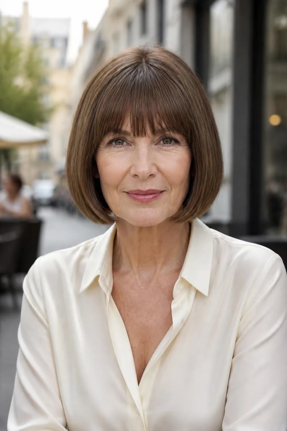 Classic chin-length bob with blunt bangs on a woman over 60 with thick brown hair