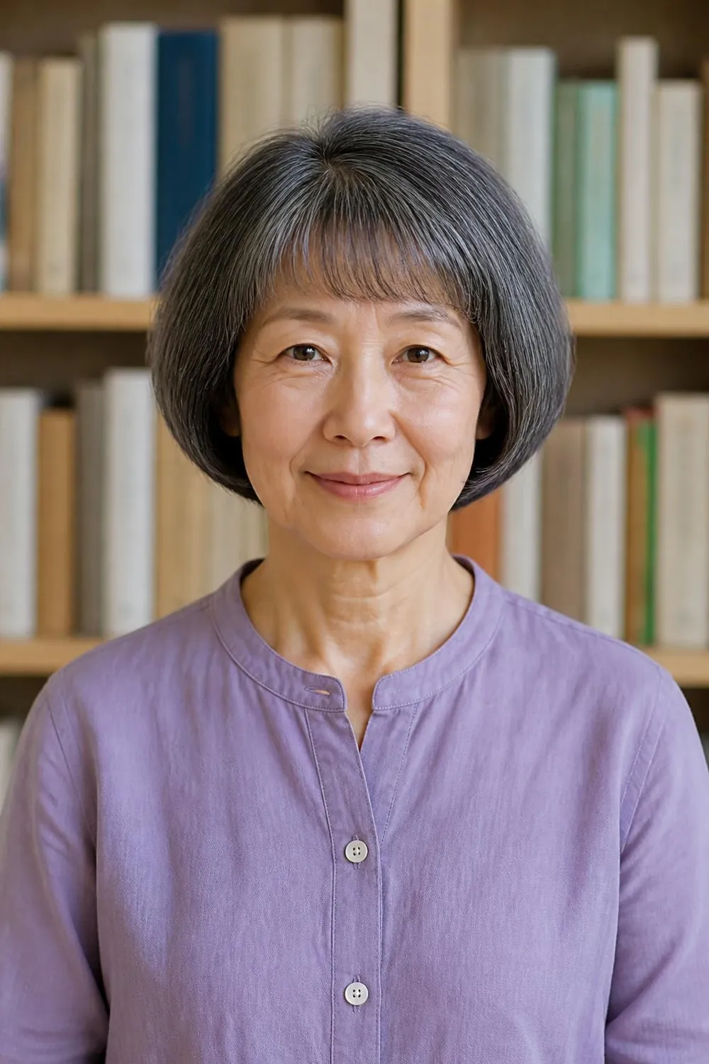 Smooth rounded bob with curved bangs longer at the sides for a woman in her 60s