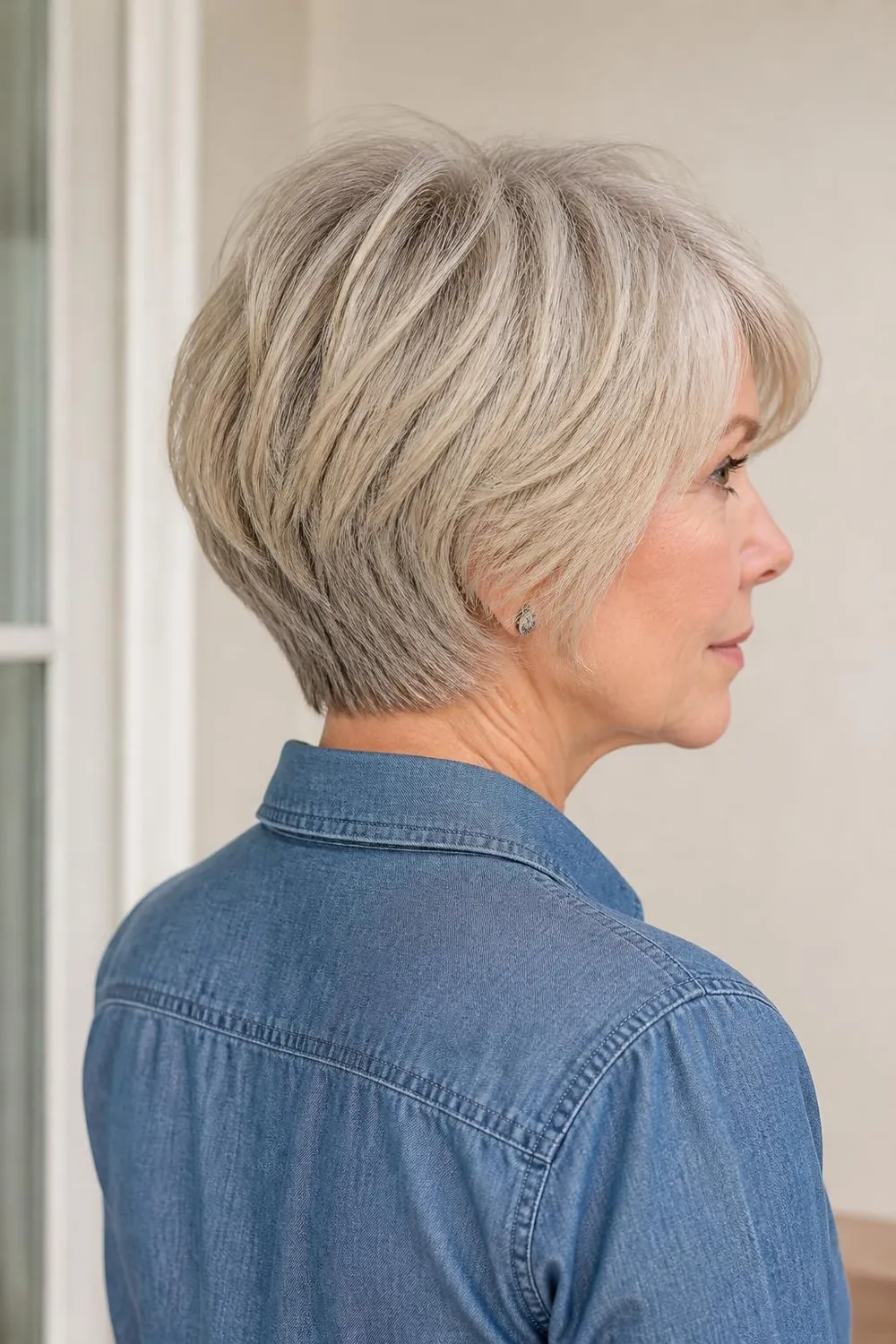 Stacked bob with a side fringe and lifted crown on a woman over 60