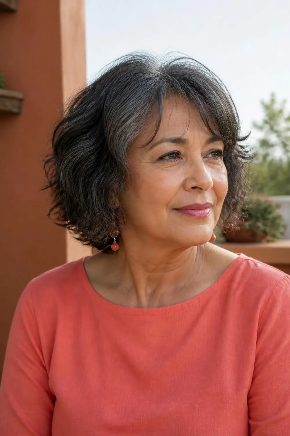 Wavy jaw-length bob with tousled bangs on a Latina woman in her sixties