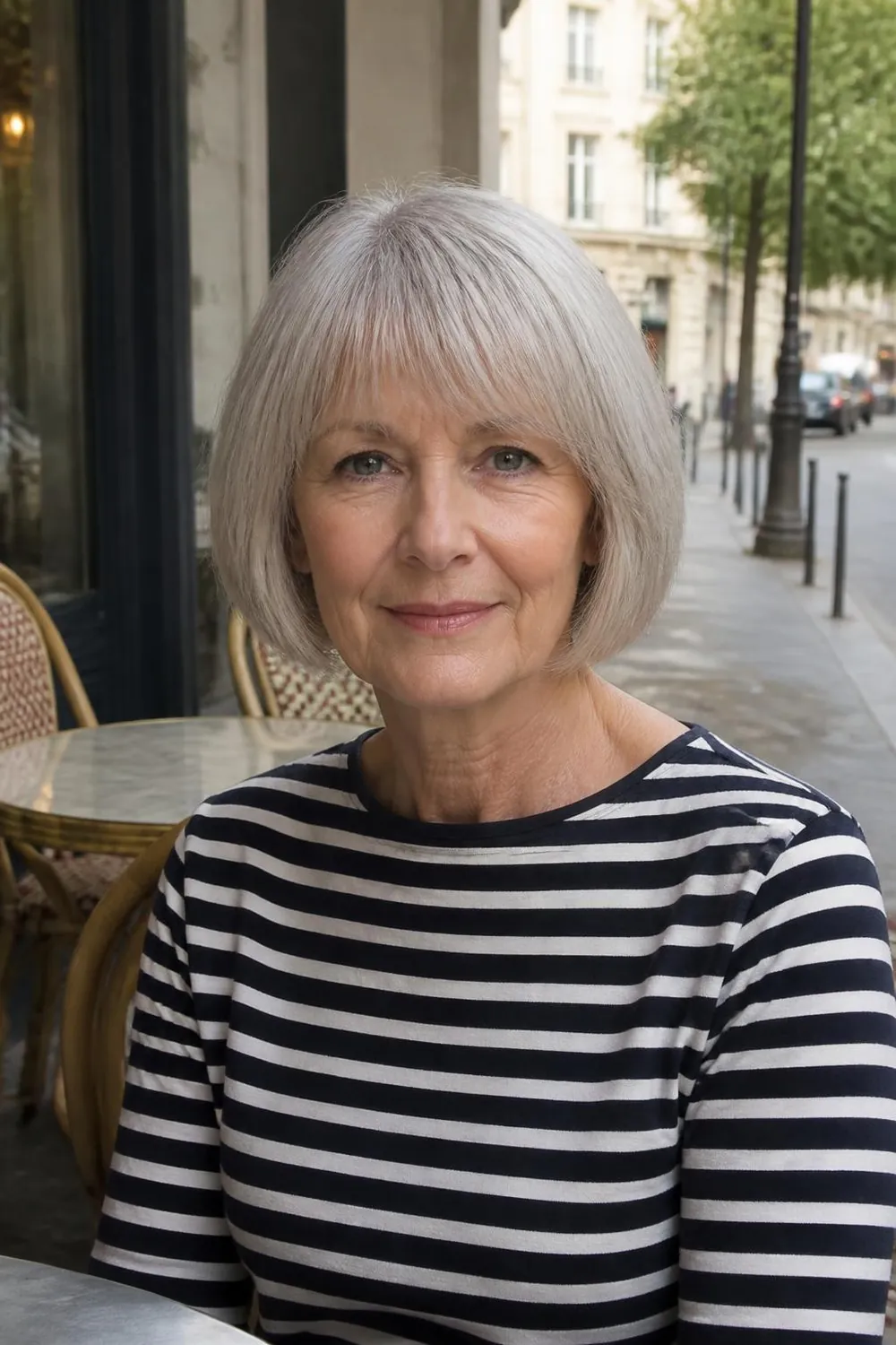 Short French bob with eyebrow-length bangs on a woman over 60 in a striped top