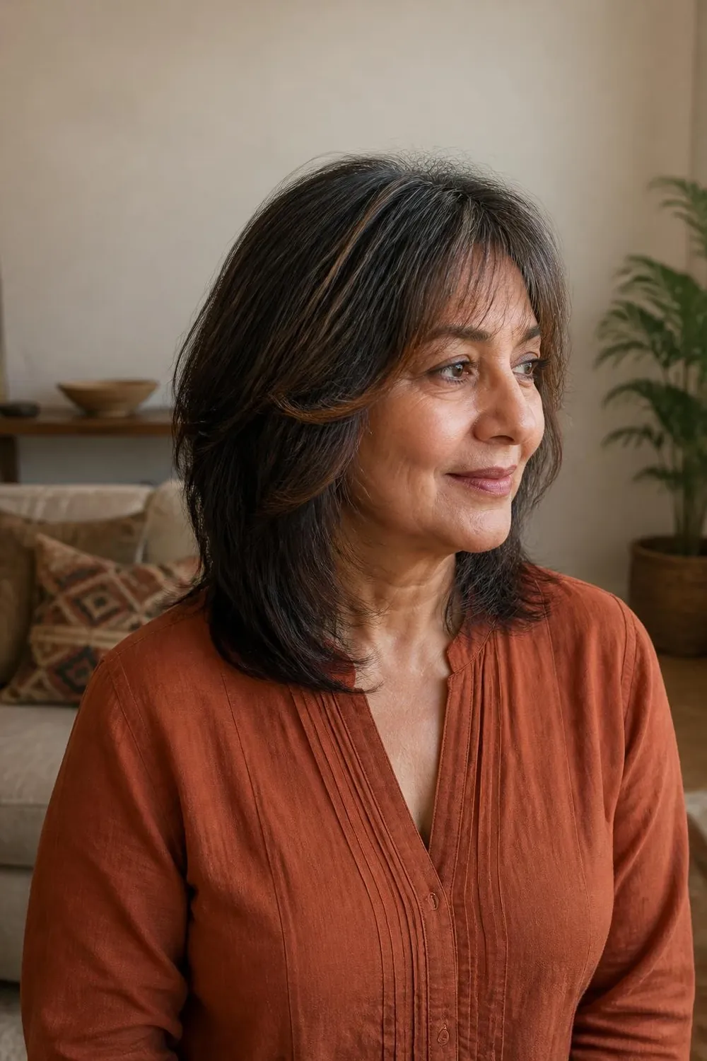 Shoulder-length shag with a blended fringe and choppy layers on a woman in her 60s