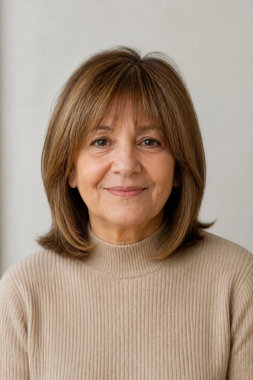Collarbone-length cut with bottleneck bangs framing the cheekbones, woman over 60