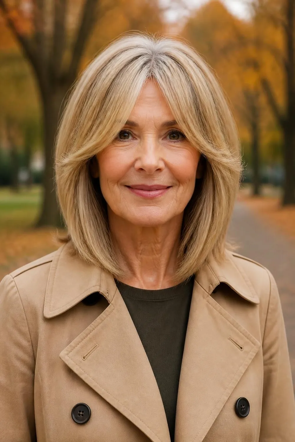 A-line lob with long curtain bangs parted in the center on a woman in her sixties