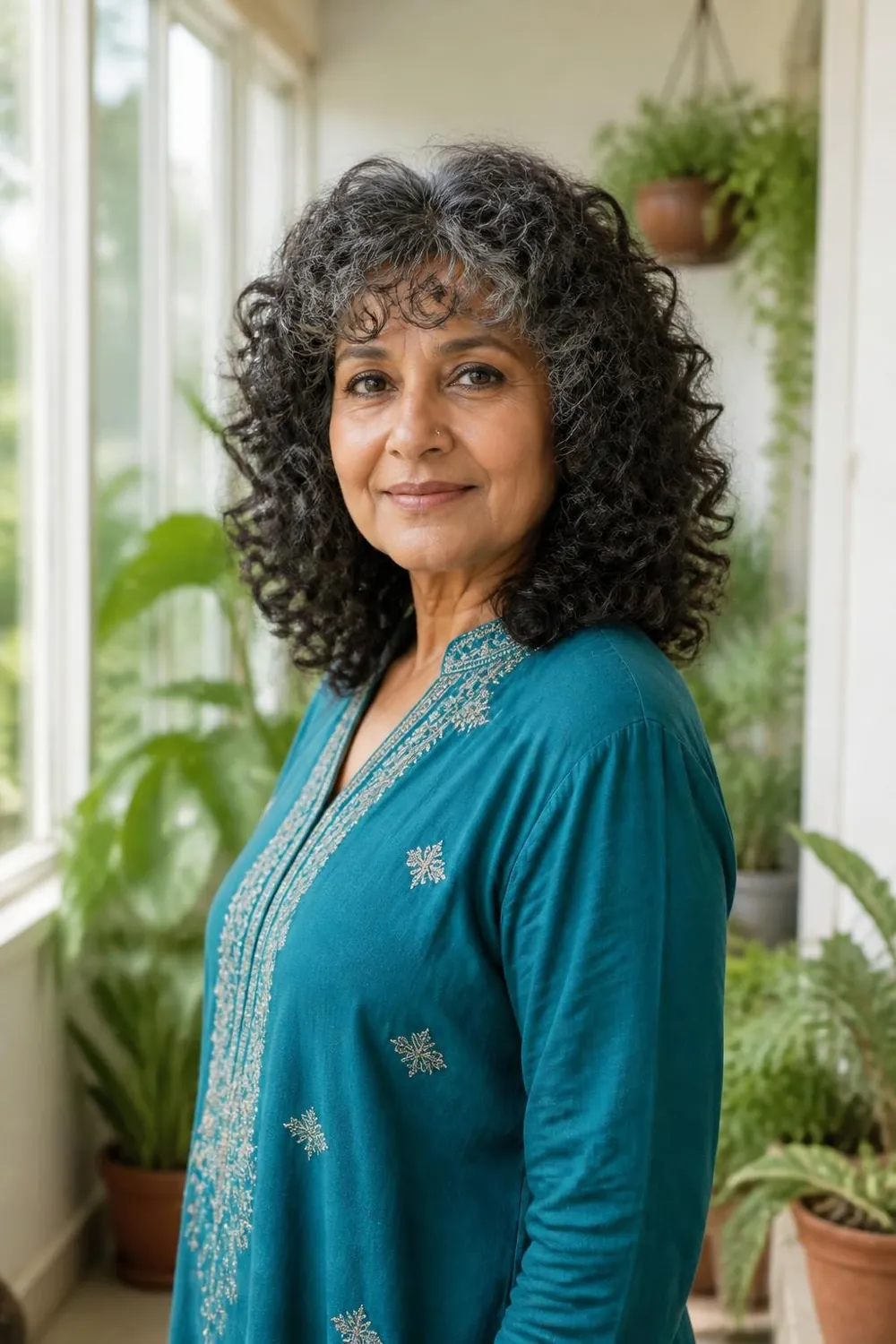 Mid-length curly cut with spiral bangs on a South Asian woman over 60