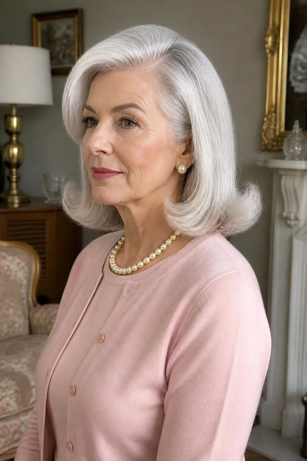 Shoulder-length retro flip with side-parted bangs on a woman in her 60s