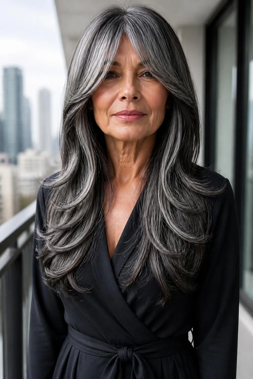 Long layered hair with full Bardot bangs falling to the cheekbones on a woman over 60
