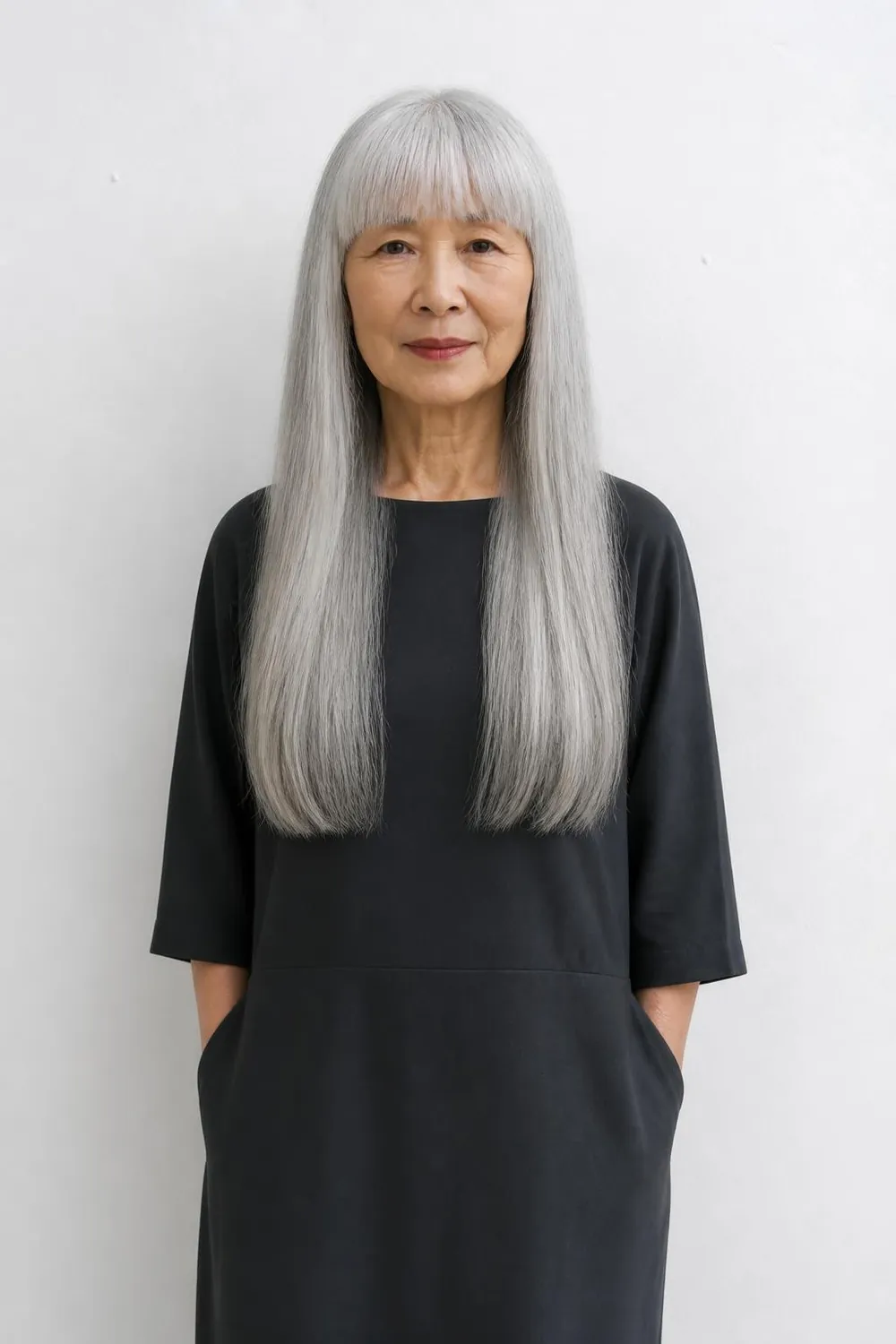 Long straight silver hair with a full fringe on an East Asian woman in her 60s