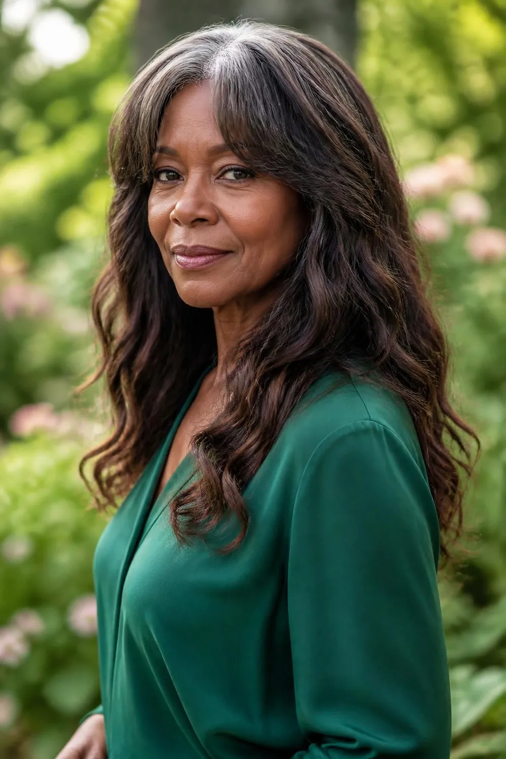 Long wavy hair with cheekbone-length bangs swept to both sides, woman over 60