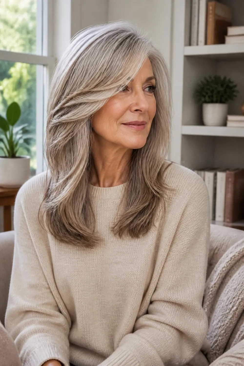 Long layered cut with a grown-out fringe swept to one side for women over 60