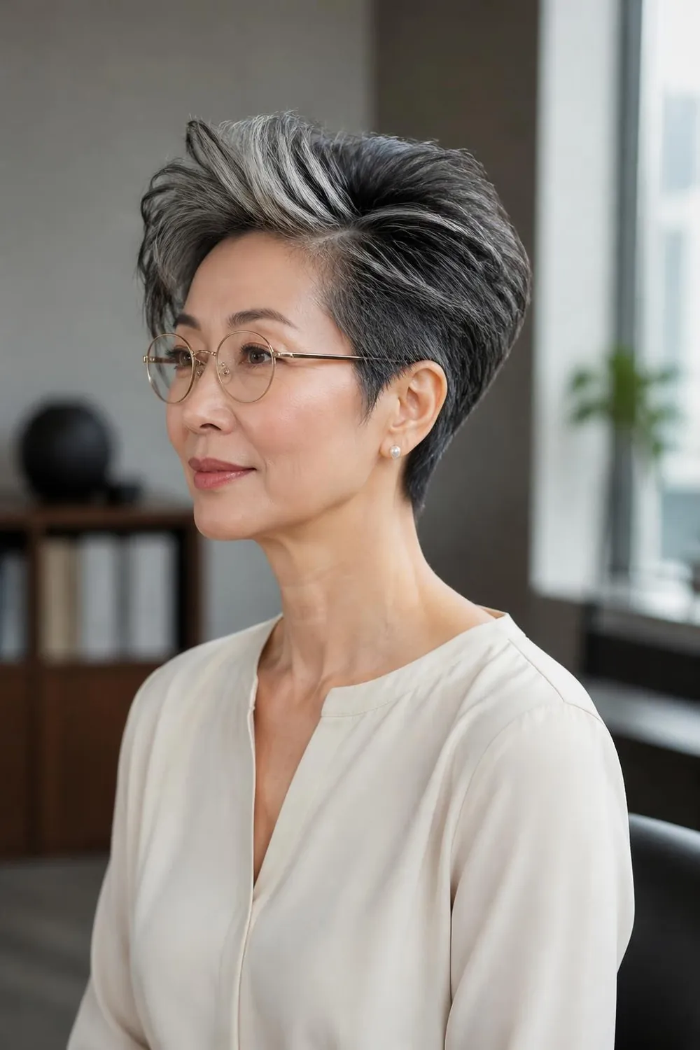 Pixie with a swooping front lifted above glasses frames for women over 60