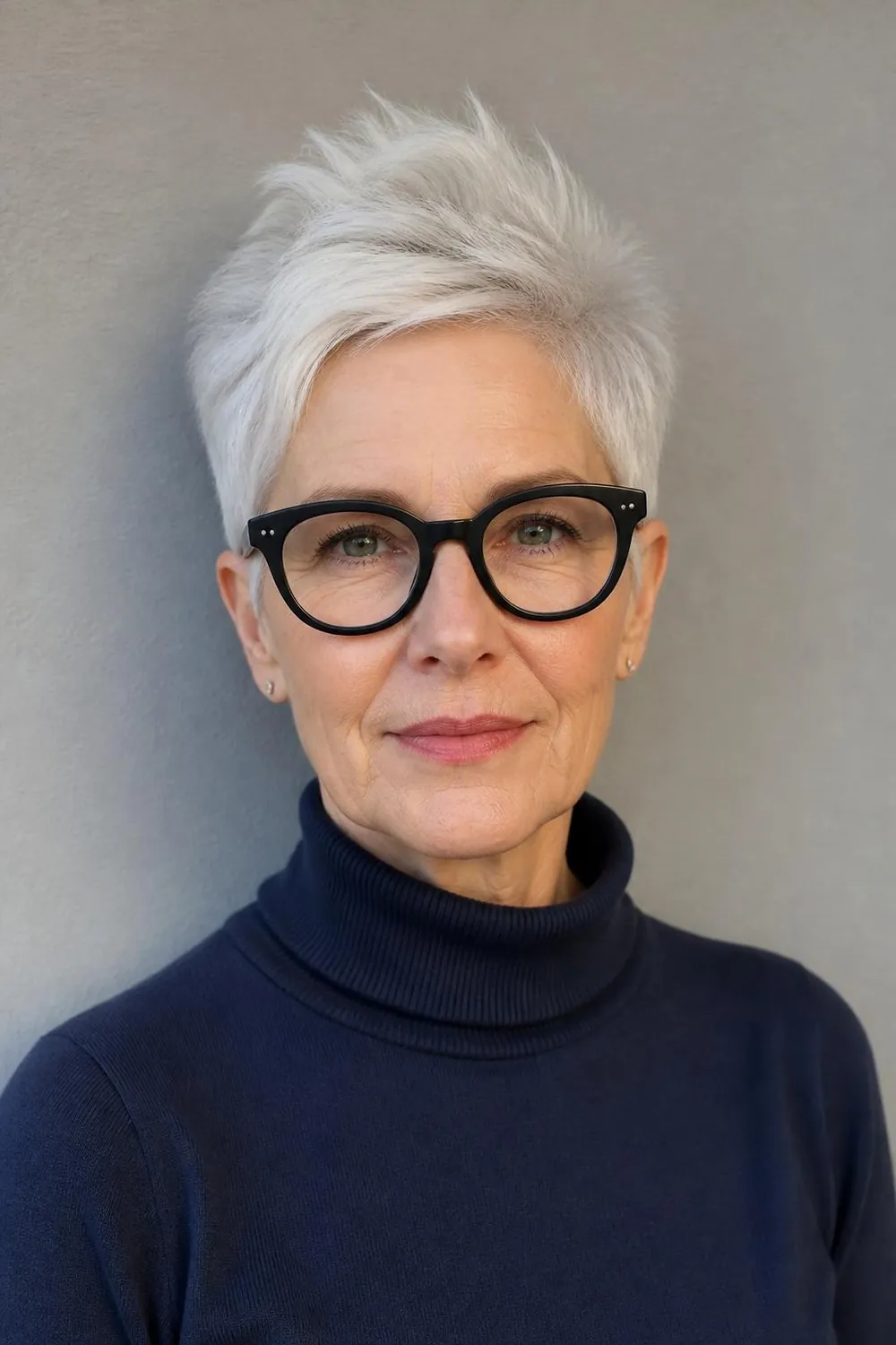 Brushed-up short crop with texture on top for women over 60 wearing bold glasses