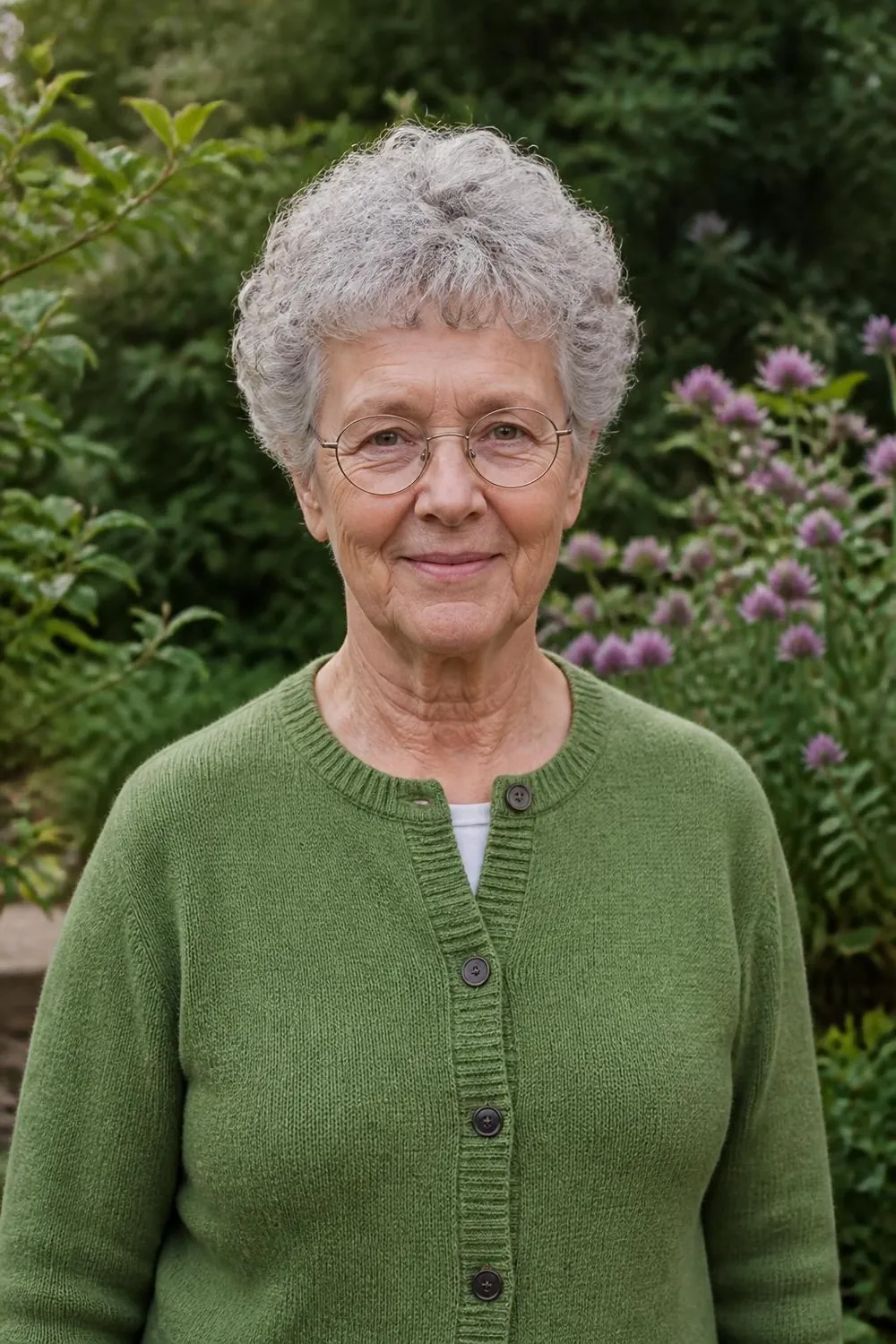 Short curly cut with rounded sides that frames round glasses for women over 60