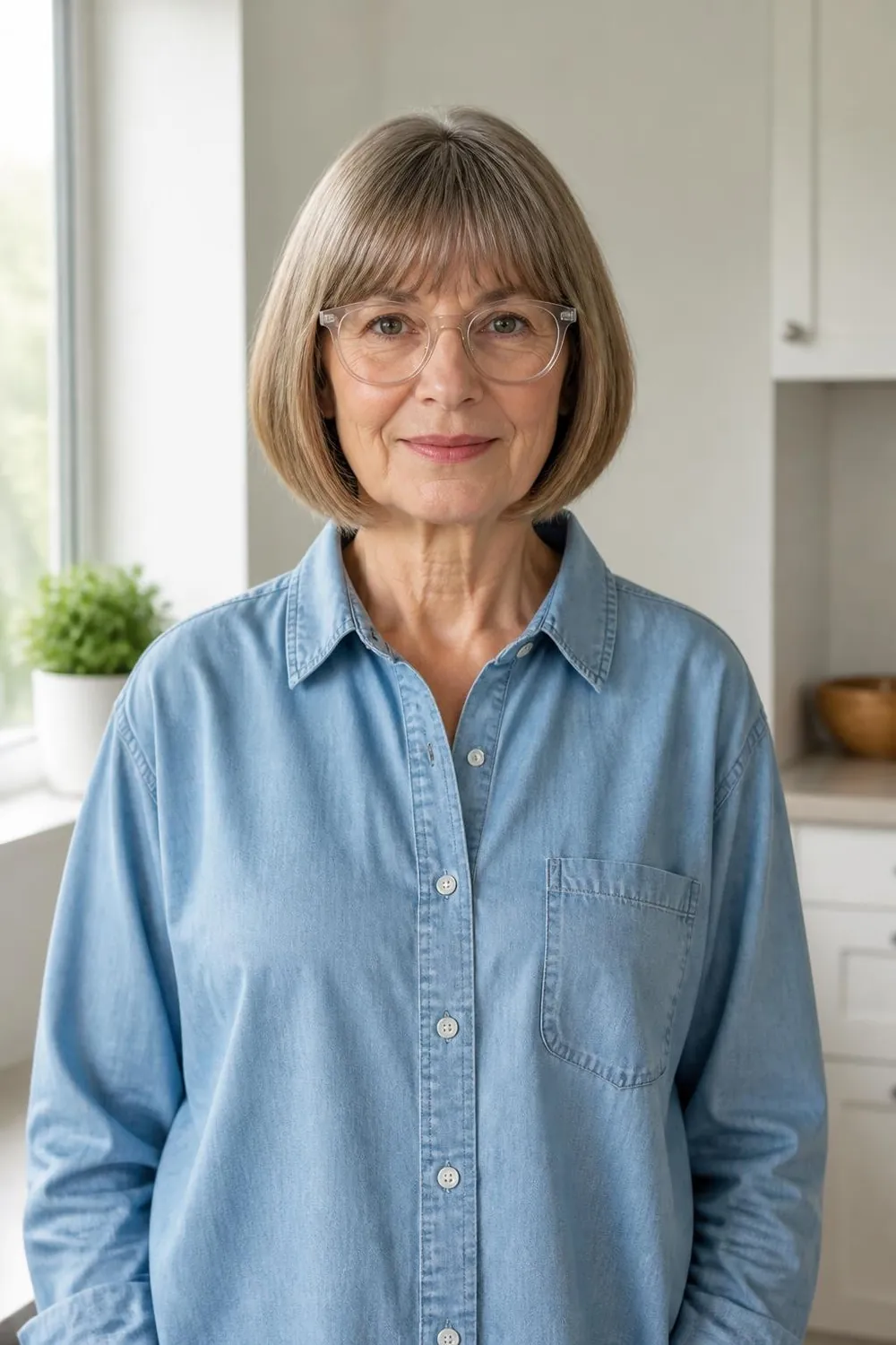 Short bob with a fringe cut just above glasses rims for women over 60