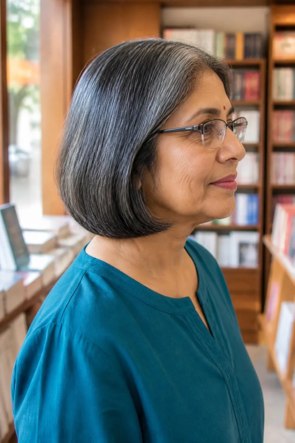 Chin-length bob tucked behind both ears under glasses arms for women over 60
