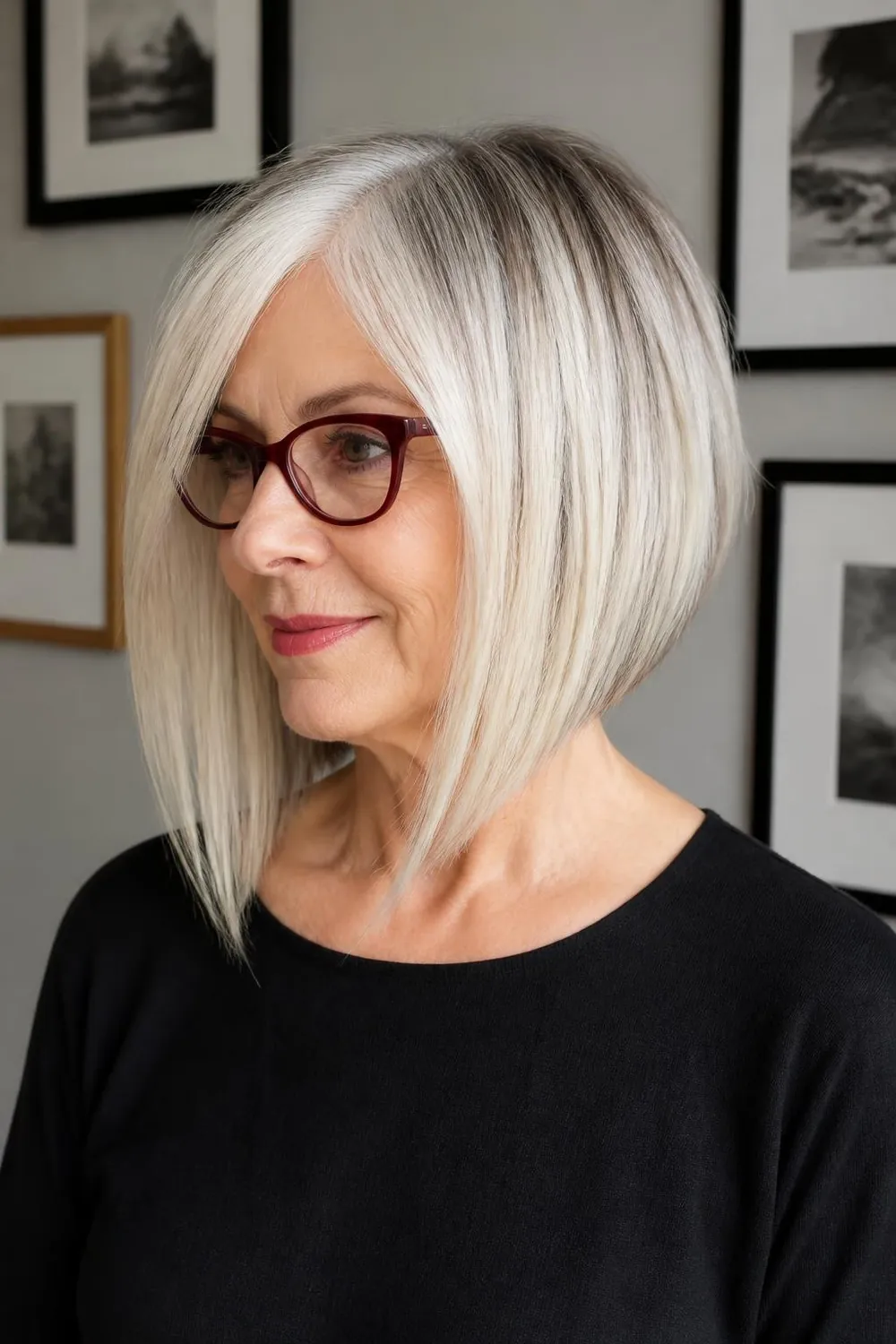Angled bob longer in front paired with cat-eye glasses for women over 60