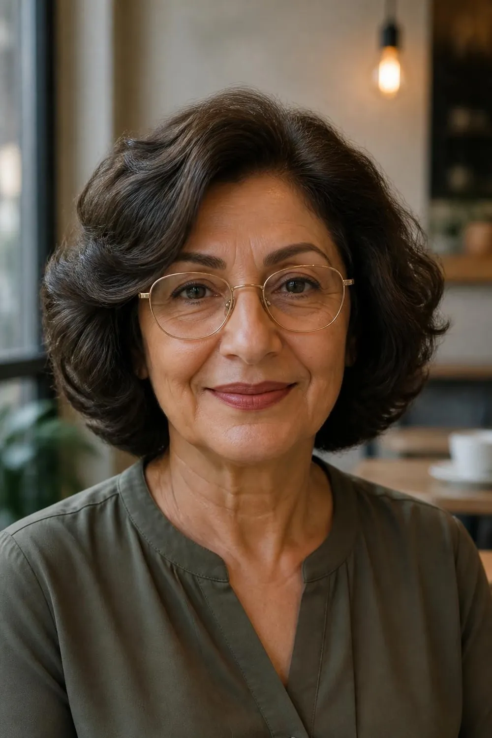 Soft wavy bob paired with thin metal glasses frames for women over 60