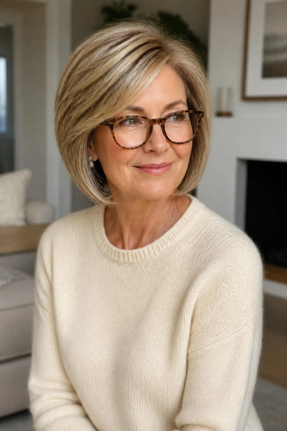 Side-part bob with volume paired with oversized glasses for women over 60