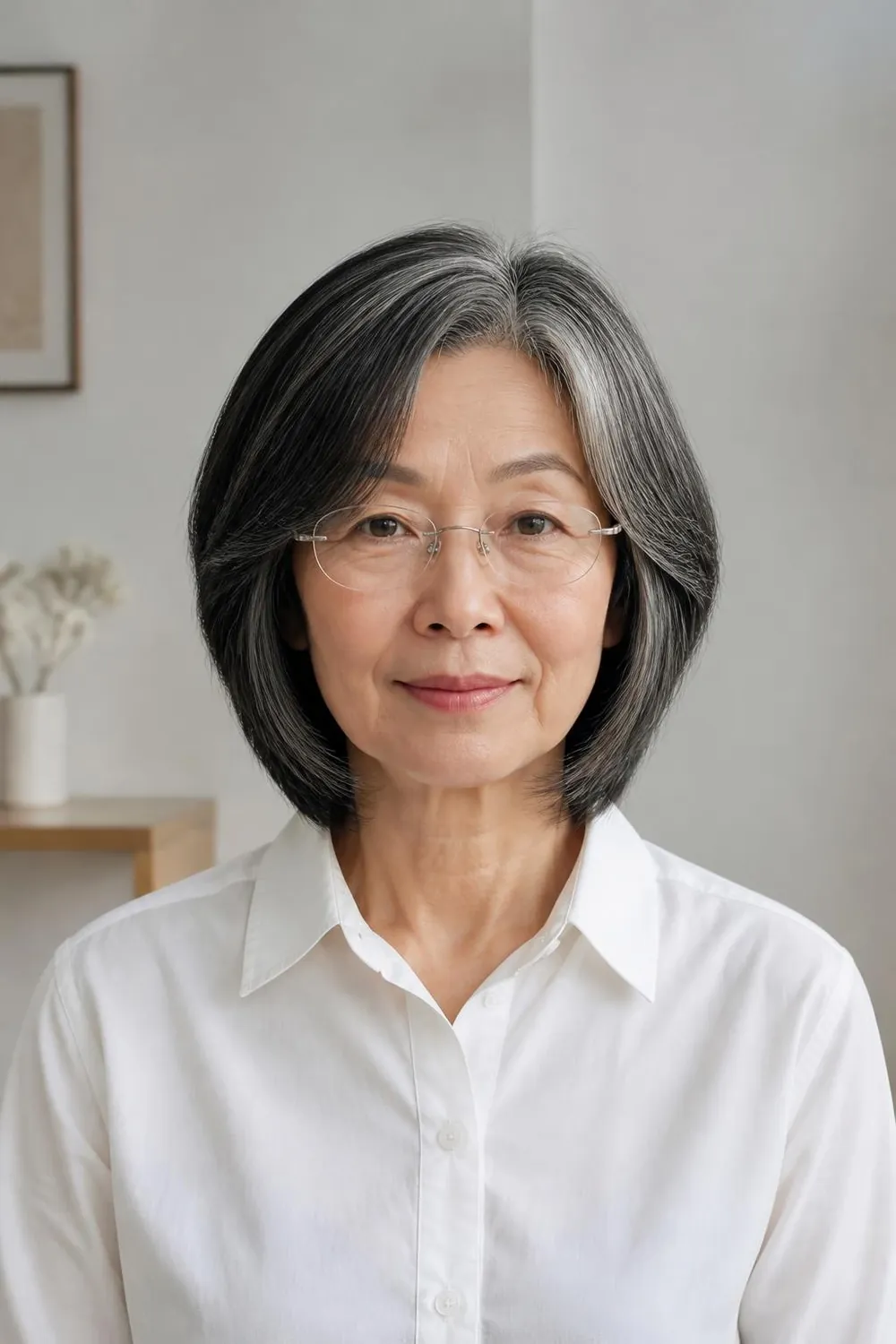 Layered bob with defined shape worn with rimless glasses for women over 60
