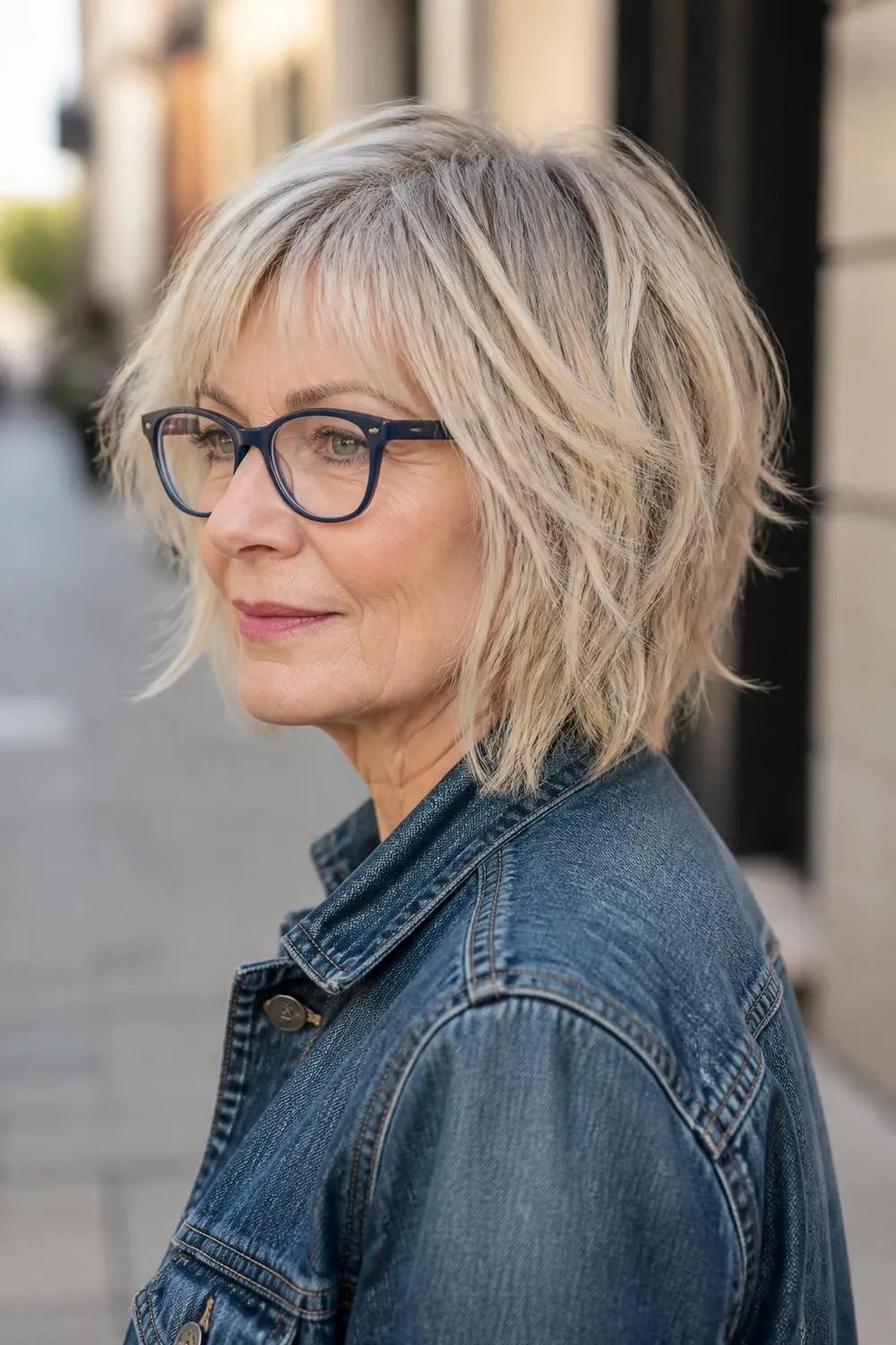 Shaggy bob with choppy layers starting below the temples for women over 60 with glasses