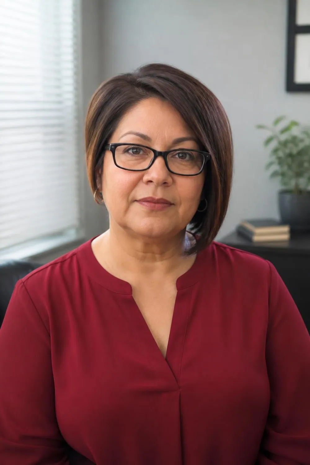 Off-center bob for round faces paired with rectangular glasses for women over 60