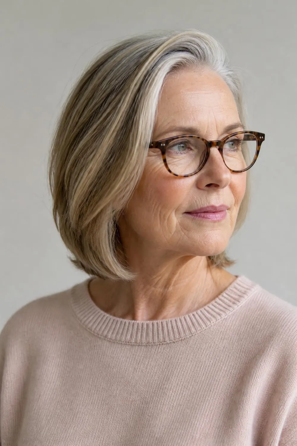 Collarbone lob with a deep side part showing glasses frames for women over 60
