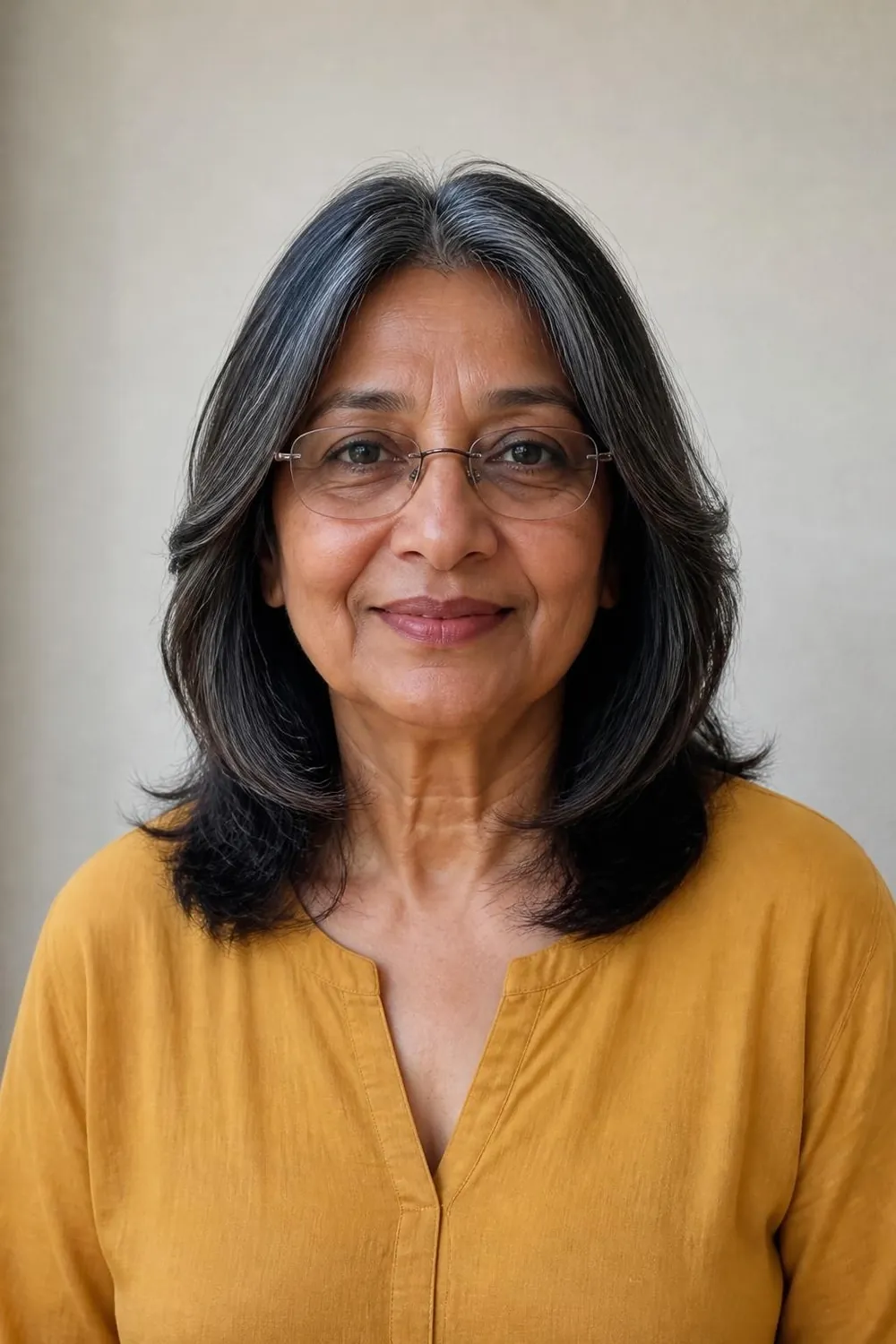 Shoulder-length layers beginning at the chin to clear glasses for women over 60