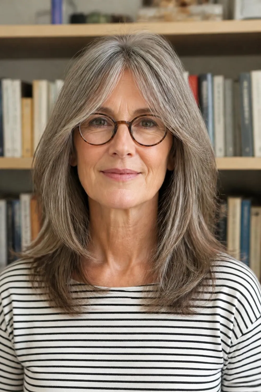 Mid-length cut with split bangs parted around glasses for women over 60