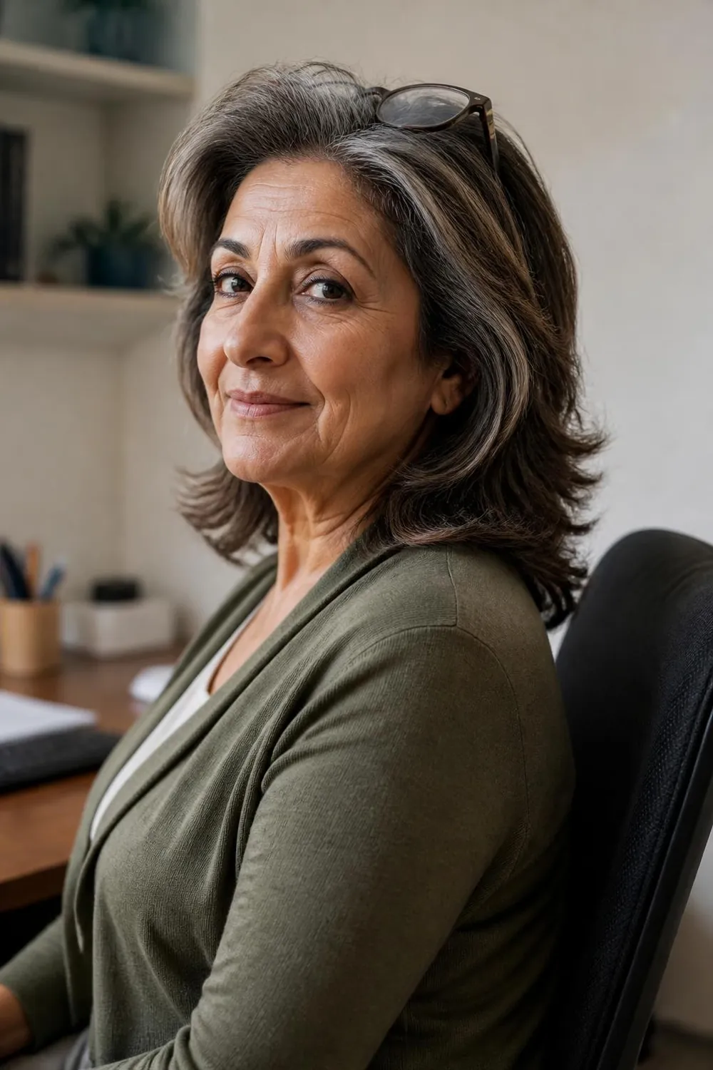 Medium layers pushed back off the face for women over 60 who wear reading glasses