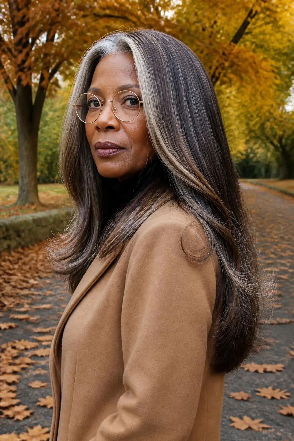 Long layered hair with face-framing pieces kept off glasses for women over 60
