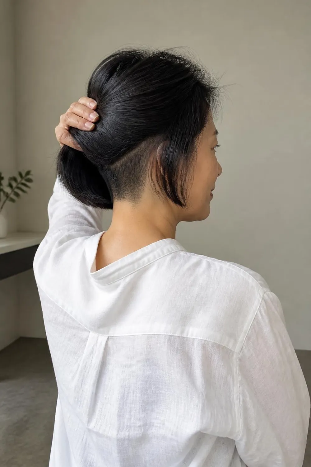 Short bob lifted to show a buzzed nape undercut on thick hair, woman in her 50s
