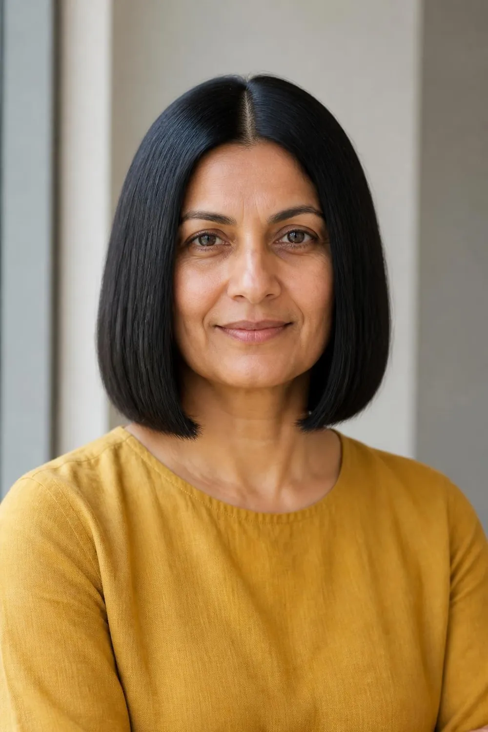 Blunt chin-length bob with hidden internal layers on thick hair, woman in her 50s
